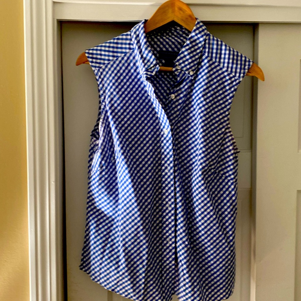 JMcLaughlin blue white checked sleeveless blouse
